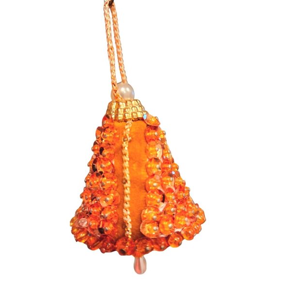 Orange Beaded Bell Ornament With Gold Accents Push Pin Pearl Details Holiday Dec - Picture 5 of 10